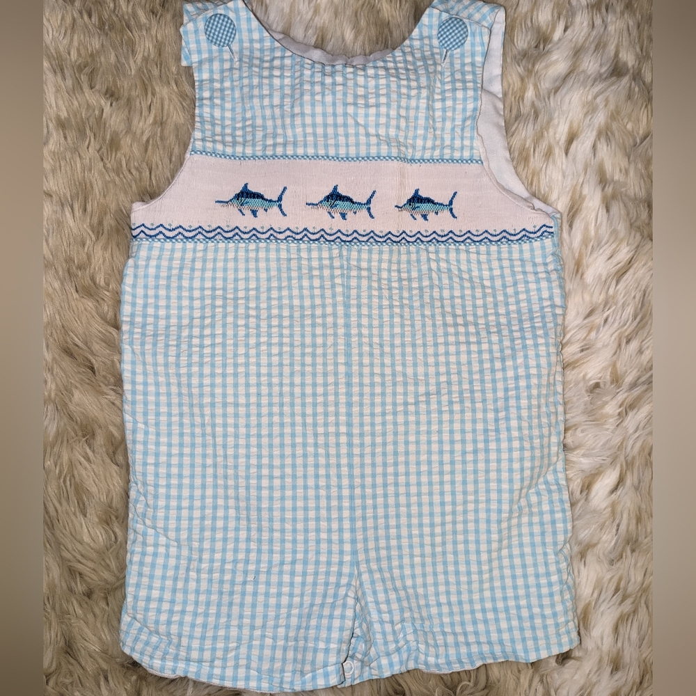 Southern Tots Blue Plaid Seersucker Swordfish Smocking Overall Romper size 3T